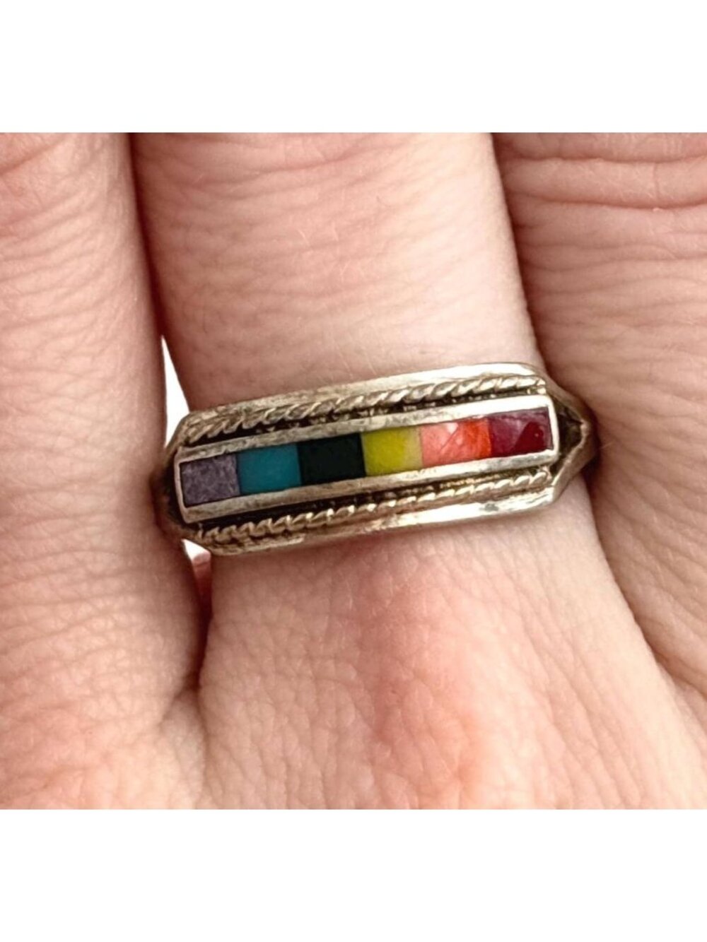 Rainbow Enamel Inlaid Southwest Sterling Silver 925 Vintage Ring - sz 9